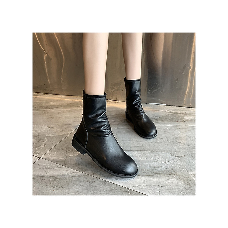 Giày bốt nữ Giày bốt nữ cổ trung nhún nếp gấp đế vuông 3cm mã C16