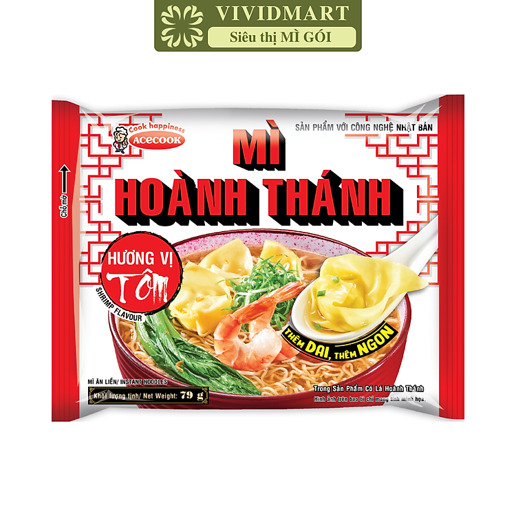 ACECOOK - Mì Hoành Thánh Tôm, Mì ăn liền Hoành Thánh hương vị Tôm, Mì ăn liền vằn thắn tôm, Mì vằn thắn tôm (79g/gói)