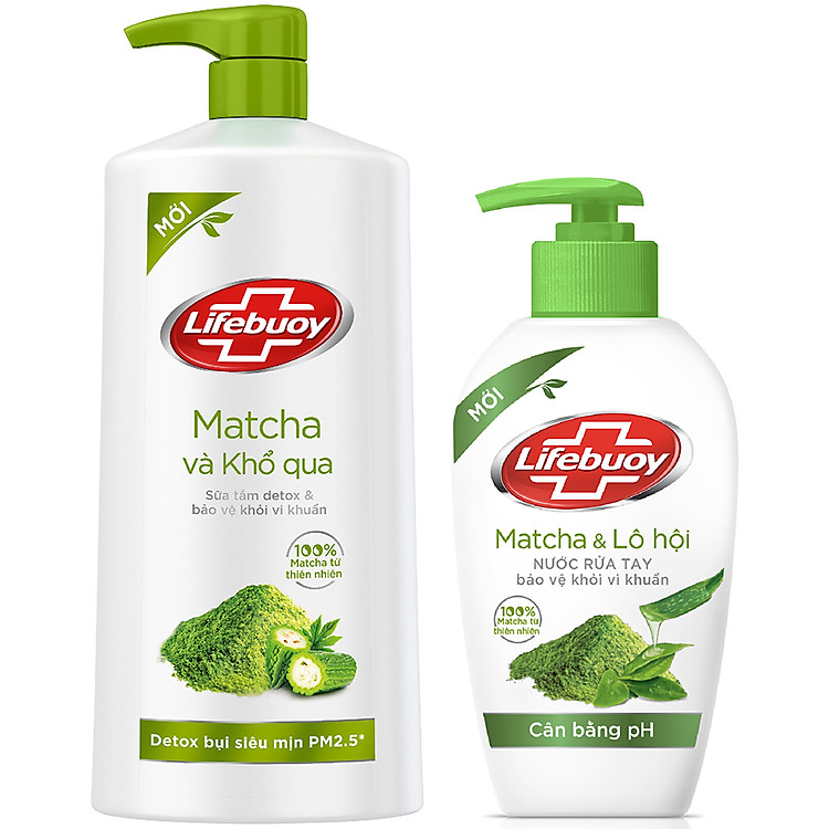 Combo Lifebuoy Sữa Tắm Matcha Và Khổ Qua (850g) + Nước Rửa Tay Matcha Và Nha Đam (180g)