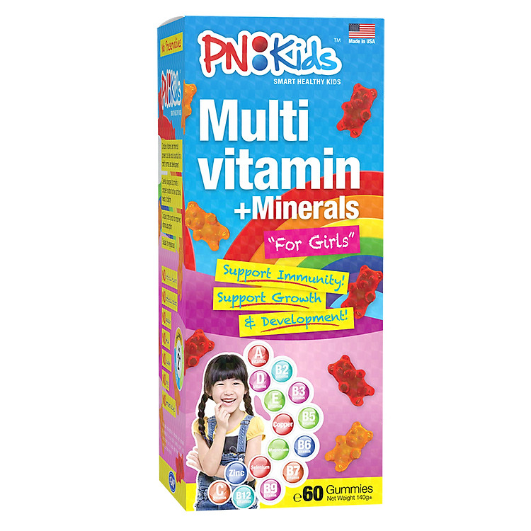 Thực Phẩm Chức Năng Viên Nhai Dẻo Bổ Sung Vitamin & Khoáng Chất Cho Bé Gái PNKids Multivitamin + Minerals For Girls (Hộp 60 Viên)