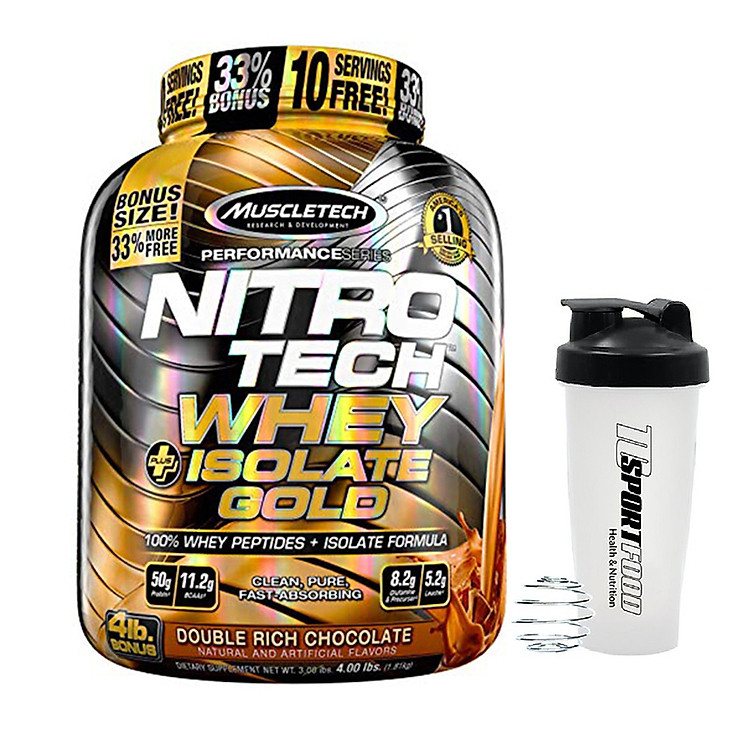 Combo Sữa tăng cơ giảm mỡ cao cấp Nitro Tech Whey Plus Isolate Gold của MuscleTech hương Chocolate hộp 1.8kg 52 lần dùng hỗ trợ tăng cơ, giảm mỡ, tăng sức bền sức mạnh cho người tập gym, chơi thể thao & bình lắc 600 ml (Màu ngẫu nhiên)
