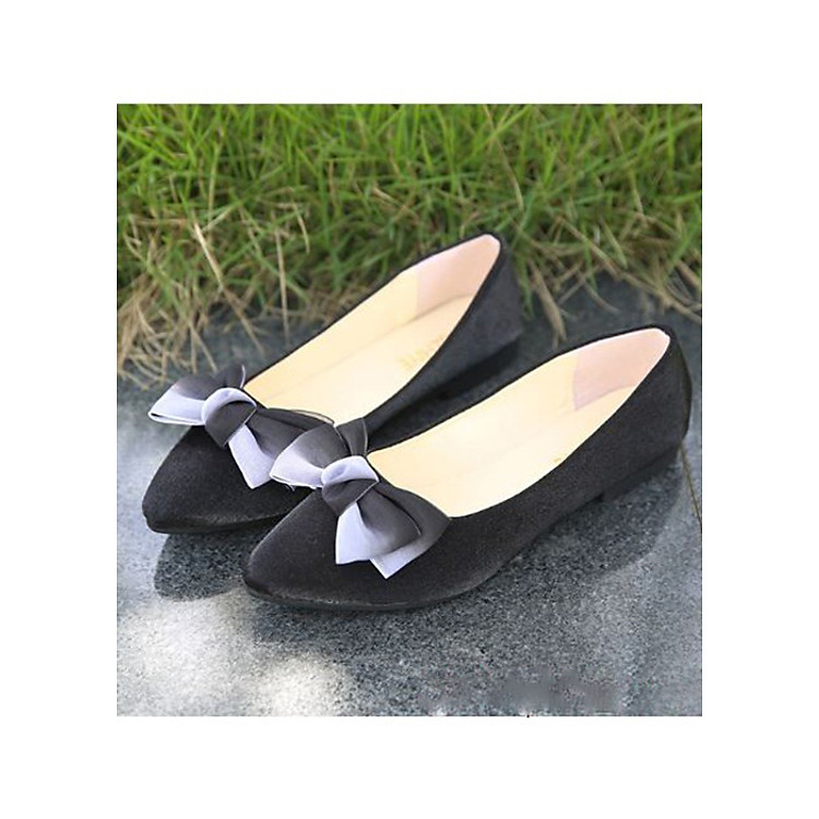 Giày bệt búp bê nữ đế bằng mũi nhọn đính nơ xinh xắn Kem