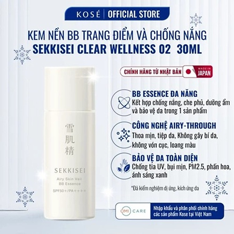 Kem Nền BB Sekkisei Che Phủ Tự Nhiên, Nền Thoáng Mịn, Chống Nắng SPF50+ PA++++ Clear Wellness Kose Nhật Bản 30ML