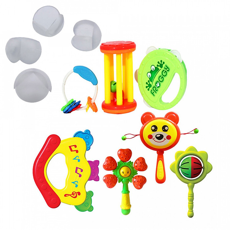 Combo Đồ Chơi Bóp Chíp Xúc Xắc 7 Món Tặng Kèm 4 Miếng Bịt Góc Bàn An Toàn Cho Bé(Ngẫu Nhiên)