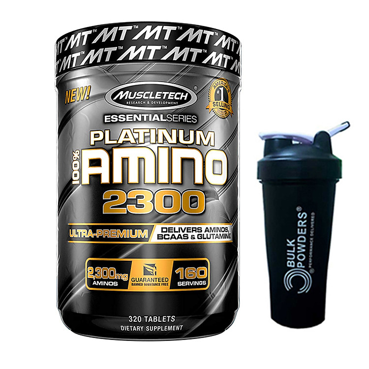 Combo Thực phẩm bổ sung hỗ trợ phục hồi và tăng cơ Platinum 100% Amino 2300 của Muscle Tech hộp 320 viên và Bình lắc 600 ml (màu ngẫu nhiên)