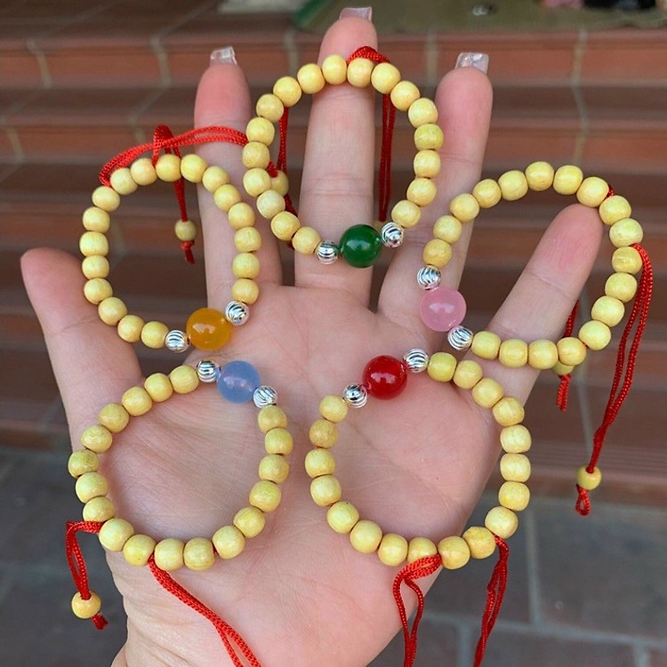 Vòng đeo tay dâu tằm kết hạt Bạc ta và hạt Châu cho trẻ sơ sinh {FREE SHIP}