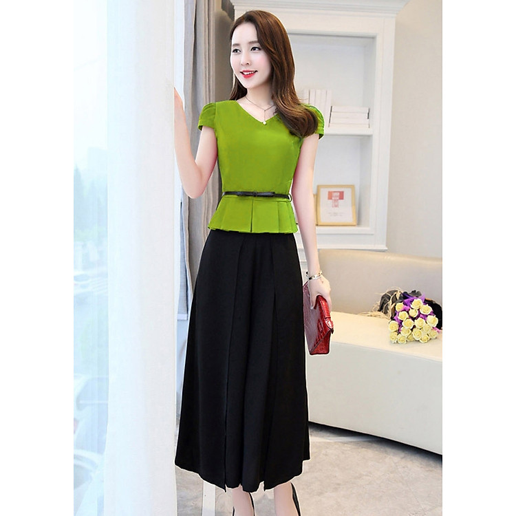 Set cổ tim quần ống rộng kèm thắt lưng S341XB xanh bơ
