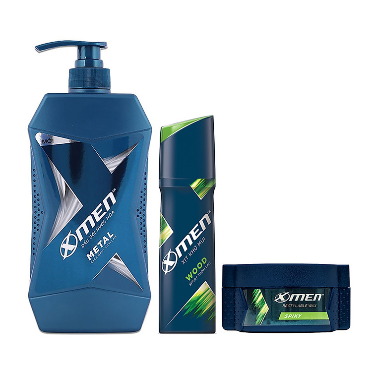 Combo Dầu gội nước hoa X-Men Metal 650g + Wax X-Men Spiky 70g + Xịt khử mùi X-men Wood 150ml
