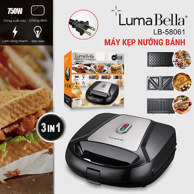 Máy kẹp nướng bánh mỳ đa năng công suất cao 750W Lumabella LB-58061, LB-58097, khay bánh donut, bánh tàn ong, khay ngang - HÀNG CHÍNH HÃNG
