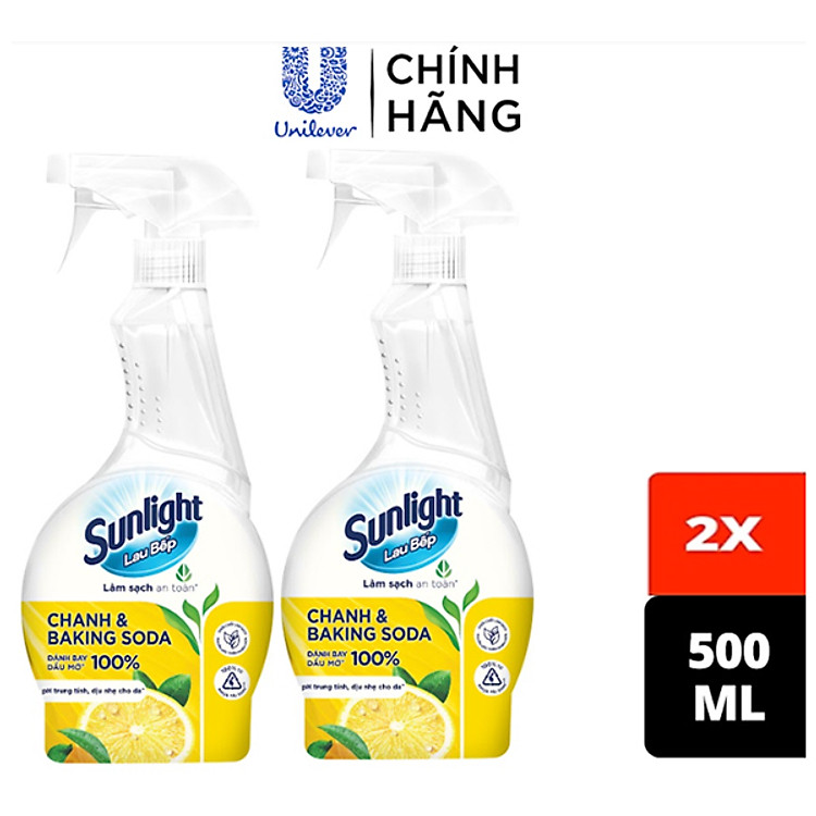 Combo 2 Nước lau bếp Sunlight Chanh & Baking soda | Phiên bản nâng cấp từ Cif | Đánh bay 100% dầu mỡ | Chai 500ml