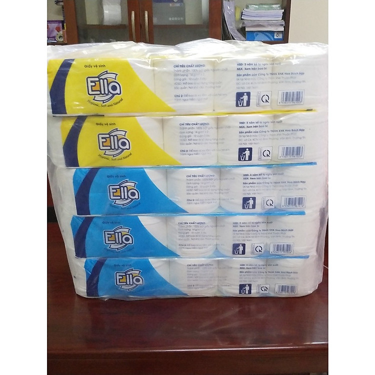 LỐC 5 DÂY GIẤY VỆ SINH ELLA 10 CUỘN 3 LỚP (3 túi xanh + 2 túi vàng )