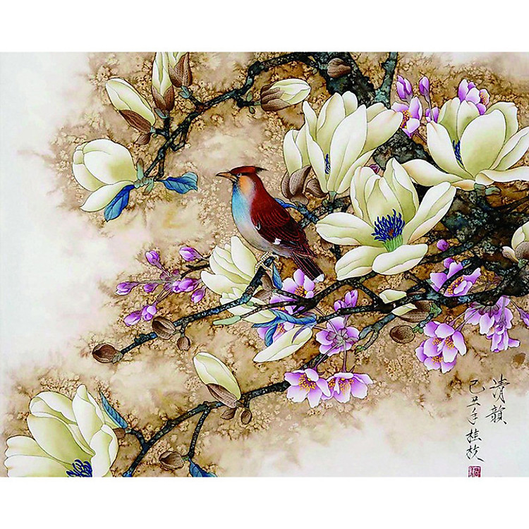 Tranh sơn dầu số hoá tự vẽ có khung đã căn 40x50 cm- Sơn ca đón xuân