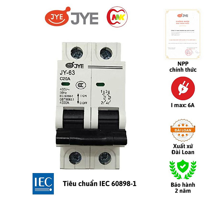 Cầu dao (tự động) MCB JY-63 2P 6A, 10A, 16A, 20A, 25A, 32A, 40A, 50A, 63A 6kA JYE Đài Loan Chính Hãng, Bảo hành 2 năm