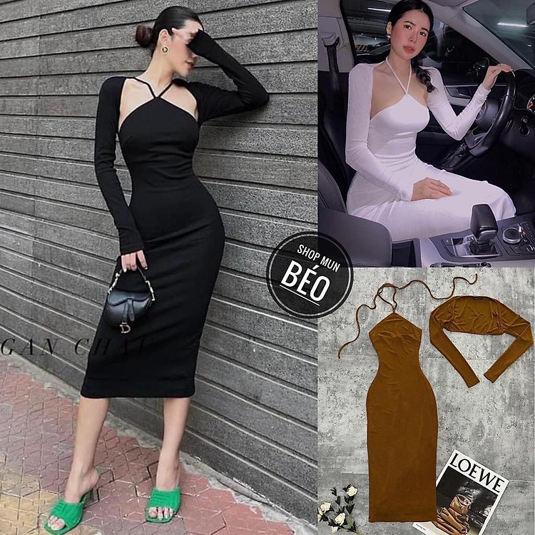 Set Đầm 2 Dây Phom Dài Kèm Áo Khoác Chất Thun Gân Thích Hợp Mặc Đi Tiệc Đi Làm Đi Chơi