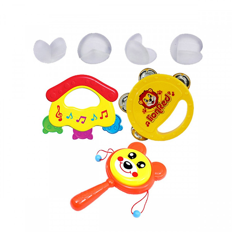 Đồ Chơi Sơ Sinh Tặng Kèm 4 Miếng Bịt Góc Bàn - Combo 3 Lục Lạc Xúc Xắc Xô - Mái Nhà - Trống (Ngẫu Nhiên)