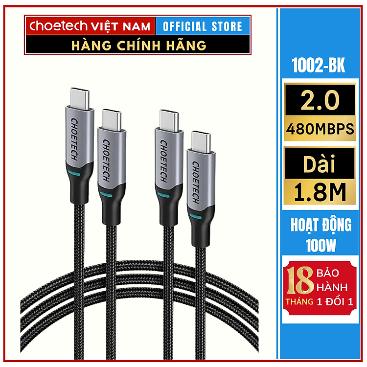 Cáp Sạc Choetech XCC-1002 Nhanh 100W Type C to Type C Dài 1.8M (Hàng chính hãng)