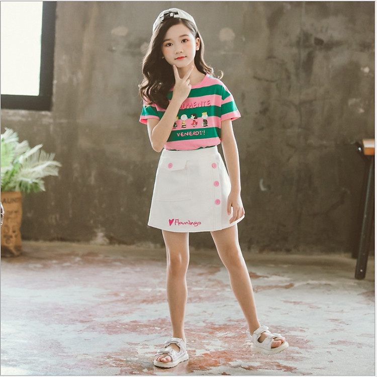 Set bộ áo thun vào chân váy cho bé gái từ 3 đến 14 tuổi BCV24