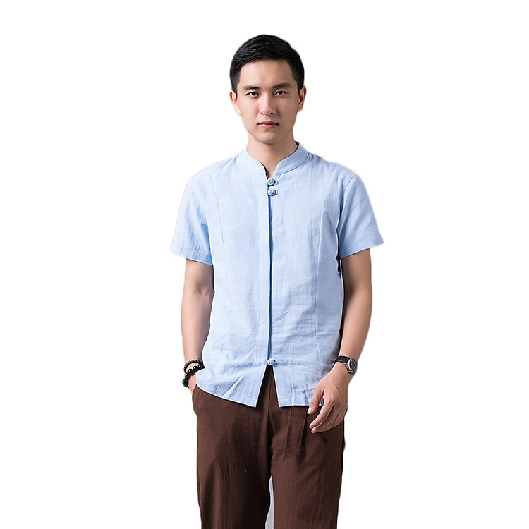 Áo sơ mi nam vải đũi cộc tay cổ trụ 2 cúc tết lam Rough