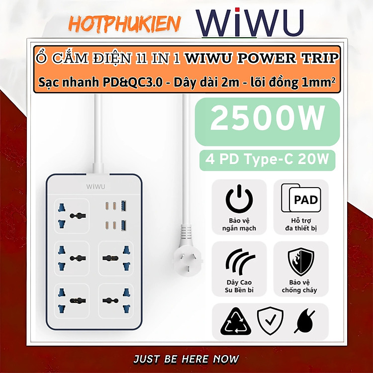 Ổ cắm điện đa năng 11 in 1 2500W WIWU Wi-S006 PS524 4 cổng Type-C (PD 20W), 2 cổng USB-A (2.4A), 5 ổ cắm AC, dây điện dài 2m, Chống cháy, Chip Ai an toàn sạc cho iPhone ipad...