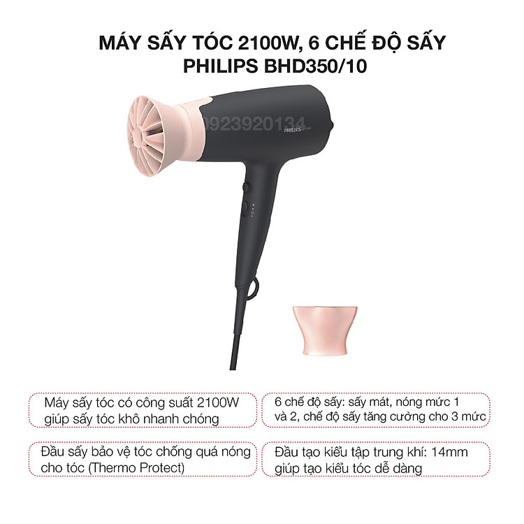 Máy sấy tóc 2100w, 6 chế độ sấy Philips BHD350/10