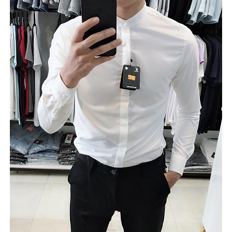 Áo Sơ Mi nam cổ tàu màu trắng không nhăn dáng ôm hàn quốc, sơ mi nam cổ trụ dáng body hàn quốc