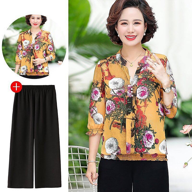 Đồ bộ trung niên, bộ mặc hằng ngày nữ sang trọng, cổ chui tay ngắn sang trọng, Set trung niên mặc hằng ngày full size