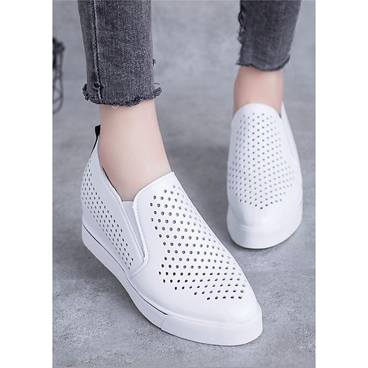 Giày slip on độn 5p da cao cấp siêu mềm màu trắng SLO1834