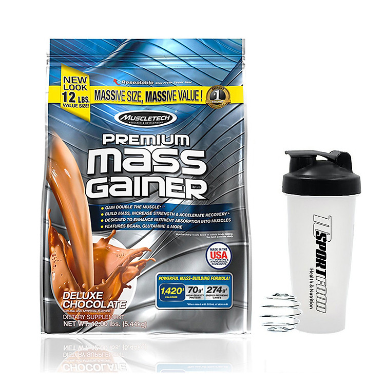 Combo Sữa tăng cân tăng cơ Premium Mass Gainer của Muscletech hương Chocolate bịch lớn 5.45kg hỗ trợ tăng cân tăng cơ nhanh cho người gầy, kén ăn, khó hấp thụ & Bình lắc 600ml (Mẫu ngẫu nhiên)
