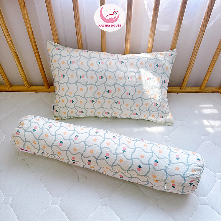 Bộ gối nằm gối ôm trẻ em Katina House, vải muslin mềm nhẹ, thoáng khí, thấm hút tốt, an toàn
