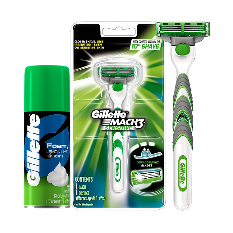 Dao Cạo Râu Gillette Mach 3 Sensitive Và Bọt Cạo Râu Gillette Hương Chanh Chai 175G