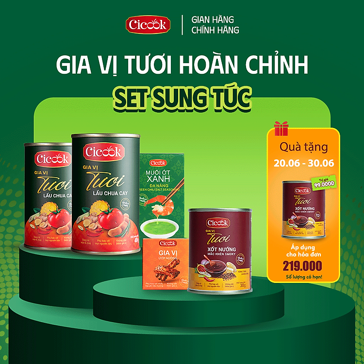 [SET SUNG TÚC] 2 Lon Xốt Lẩu Chua Cay Cicook 400G + Hộp Muối Chấm Ớt Xanh Cicook 210G + 1 Bộ Xốt Ướp Nướng Cicook 330G