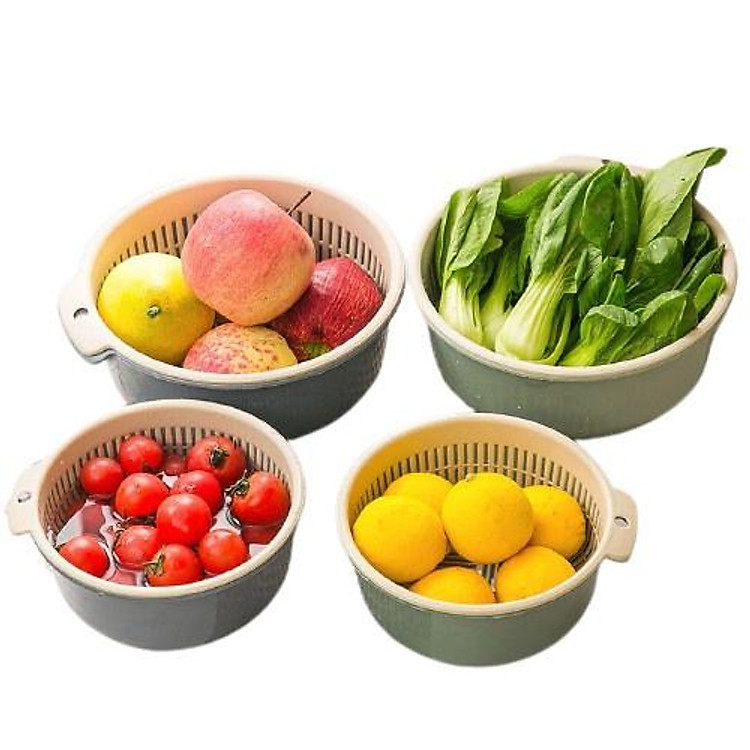Bộ 2 chậu rổ, thau nhựa rửa rau củ đựng hoa quả trái cây 2 lớp hình tròn chất liệu nhựa PP