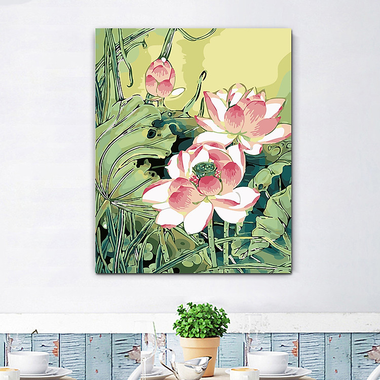 Tranh tô màu theo số hoa sen xanh lá 187