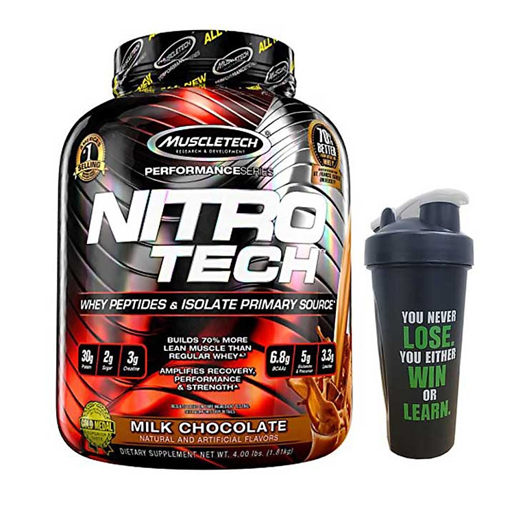 Combo Sữa tăng cơ cao cấp Whey Protein Nitro Tech của MuscleTech hương Chocolate hộp 40 lần dùng 4 LBS hỗ trợ tăng cơ, giảm cân, đốt mỡ cho người tập GYM & Bình lắc 600 ml (Màu Ngẫu Nhiên)