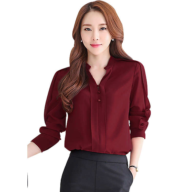 Áo sơ mi nữ đỏ phối nút
