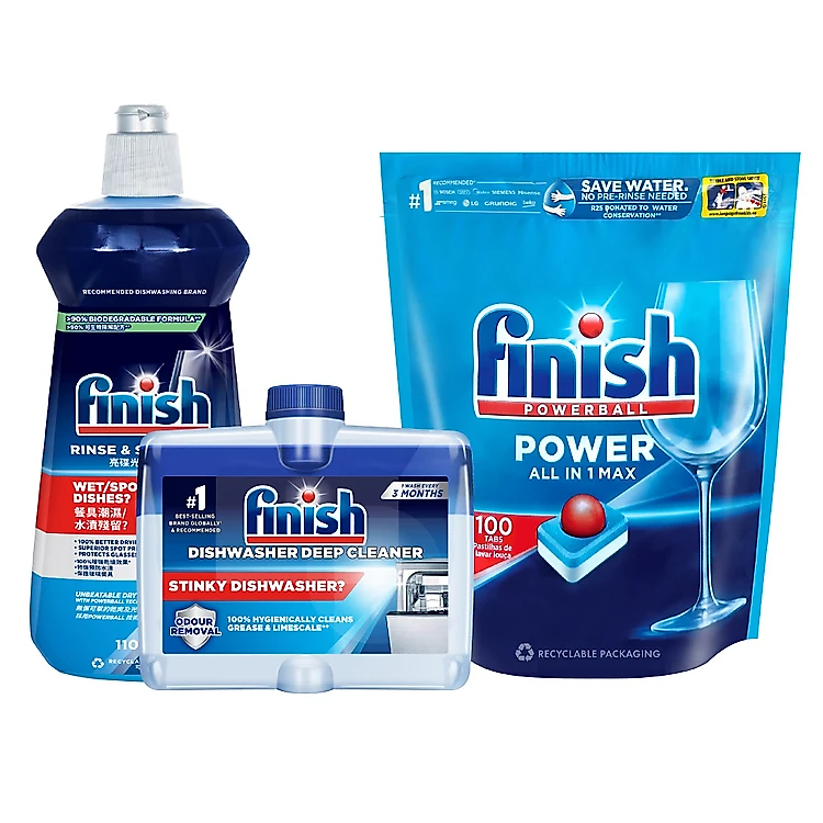 Combo Finish tiện lợi 3: Túi 100 Viên Rửa Bát All In 1+ Nước Làm Bóng Finish 500ml +Dung Dịch Vệ Sinh Máy Finish 250ml