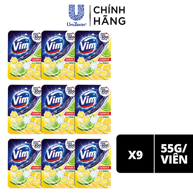 Combo 9 Viên Tẩy Bồn Cầu Vim Power 5 Sạch Khuẩn Thơm Mát (55g/viên) | Hương Chanh