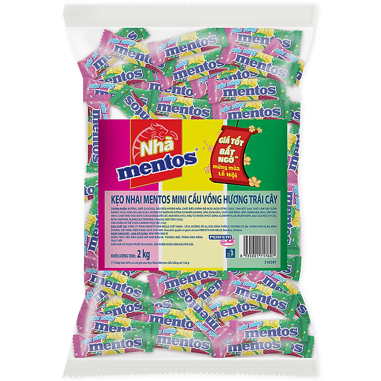 Kẹo Nhai Mentos Cầu Vồng 3 Viên (Gói 2Kg)