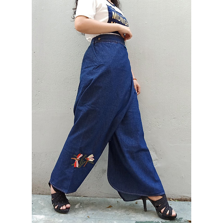 Váy Chống Nắng 2 Tà (Váy quần) Vải Jean Mềm, Mịn Chống Tia UV 100% Có Thêu Họa Tiết Chuồn chuồn