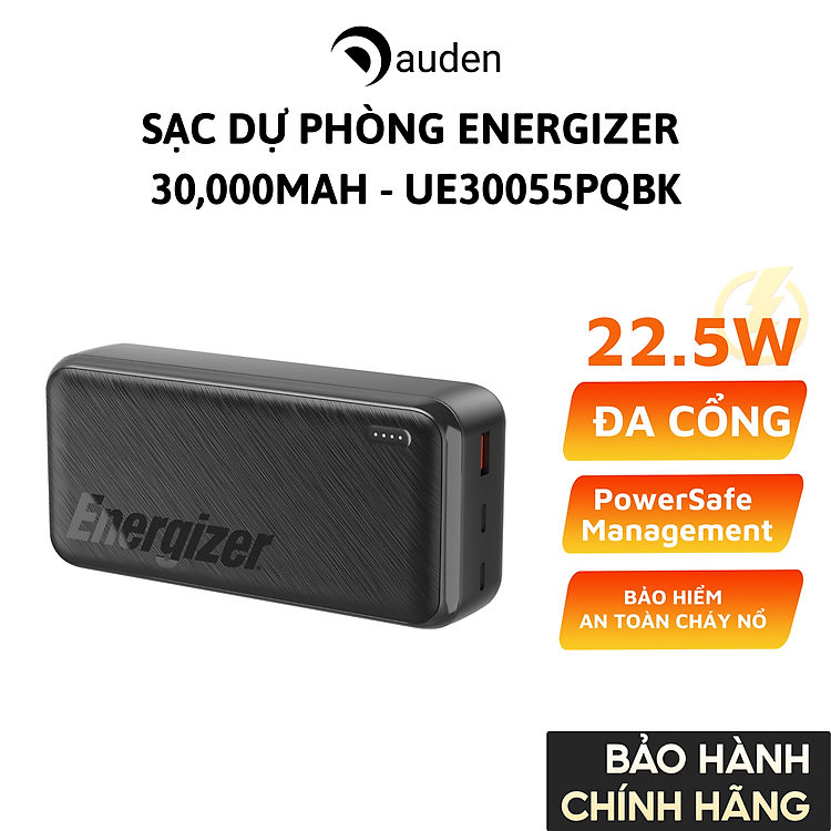 Sạc dự phòng Energizer 30,000mAh /3.7V Li-Polymer UE30055PQBK, bảo hàng 24 tháng 1 đổi 1 - Hàng chính hãng