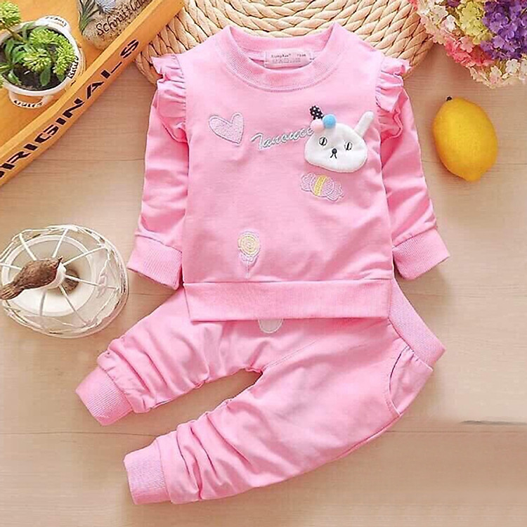 Bộ Quần Áo Thu Mẫu Mèo Hồng Trái Tim - Chất Da Cá