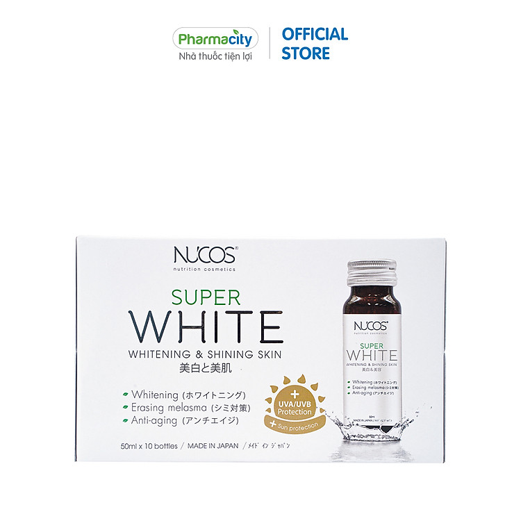 Nước uống Nucos hỗ trợ bổ sung collagen giúp dưỡng trắng và làm sáng da Super White (Hộp 10 chai)