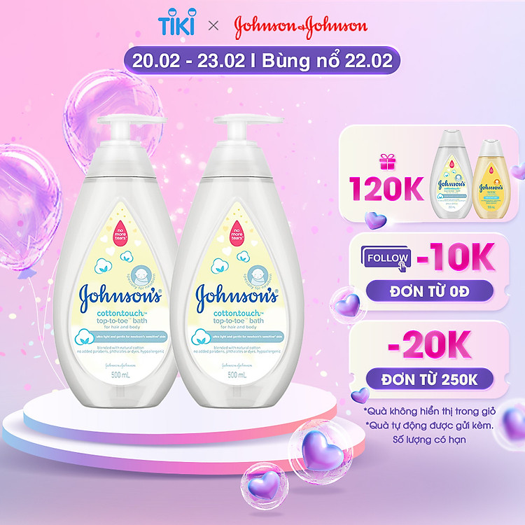 Combo 2 Chai Sữa Tắm Gội Toàn Thân Mềm Mịn Johnson' Baby Bath Cotton Touch 500mlx2
