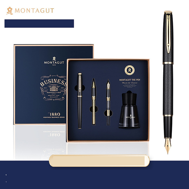 Bộ quà tặng bút ký Montagut Pháp MIỄN PHÍ KHẮC TÊN M2007 bút kí mực xanh tặng thiệp ghi chú B216