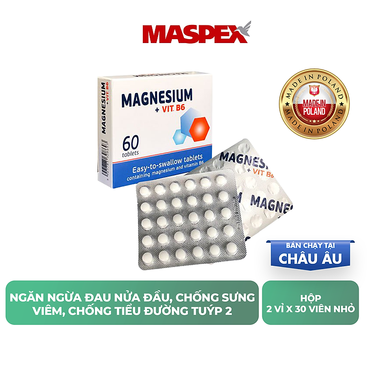 Thực Phẩm Chức Năng Viên Uống Bổ Sung Magie, Vitamin B6 Magnesium + Vit.B6 MASPEX Hỗ Trợ Giảm Đau Đầu Mệt Mỏi Suy Nhược Hộp 2 hộp x 60 Viên