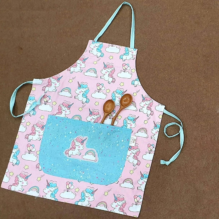 Tạp dề nấu ăn, tạp dề học vẽ handmade dùng 2 mặt hình kì lân unicorn, pony hồng đáng yêu dành cho bé