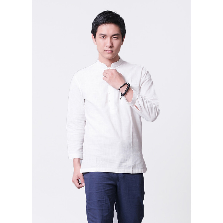 Áo sơ mi nam vải đũi cổ trụ tay lỡ trắng Rough