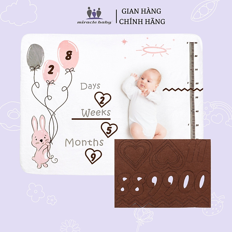 Chăn quấn Miraclebaby vải nhung cao cấp mềm mịn đánh dấu cột mốc tháng tuổi phát triển , phụ kiện chụp ảnh cho bé ( từ 0-12 tháng)