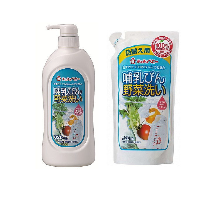 Combo nước rửa bình sữa và rau củ quả Chuchu Baby : chai 820ml + túi 720ml