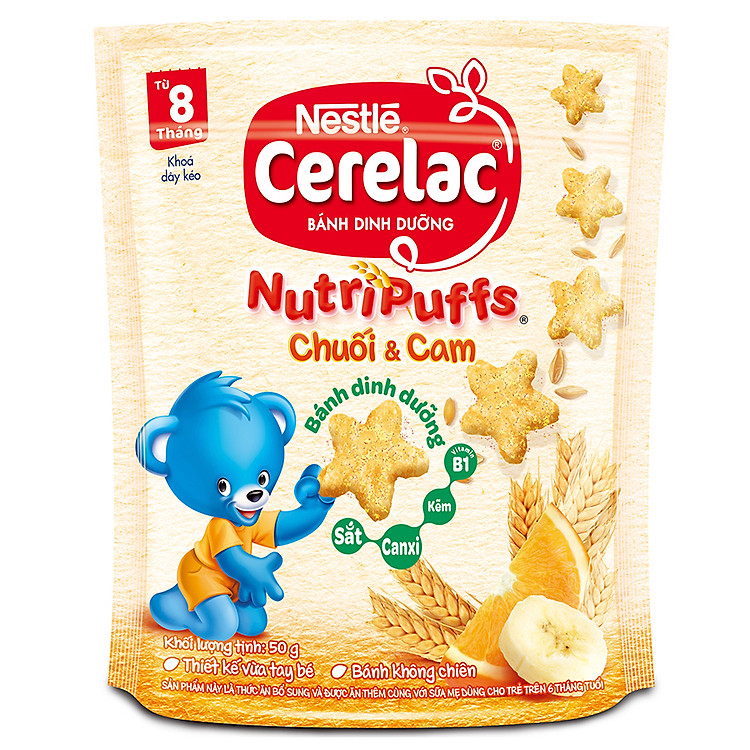 Bánh Ăn Dặm Nestlé CERELAC Nutripuffs Vị Chuối Cam - Gói 50g
